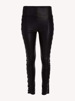 Black Eyelet Lace-up Ankle Leather Legging