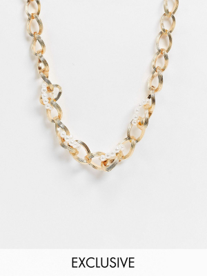 Reclaimed Vintage Inspired Chunky Pearl And Chain Necklace In Gold