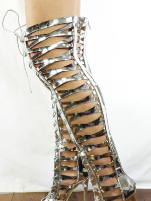 M0137 Silver Patent Strappy Lace Up Stiletto Boot