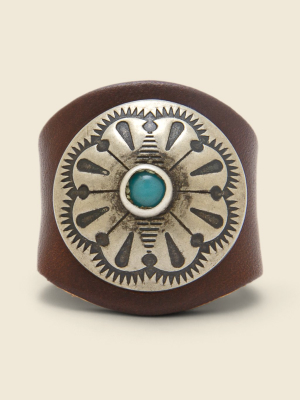 Leather Concho Ring - Brown/turquoise