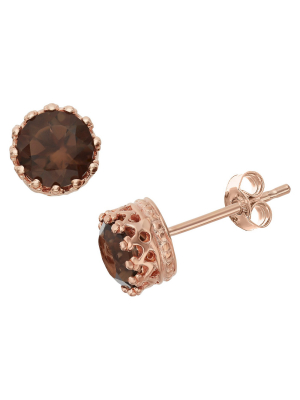 6mm Round-cut Smoky Quartz Crown Earrings In Rose Gold Over Silver