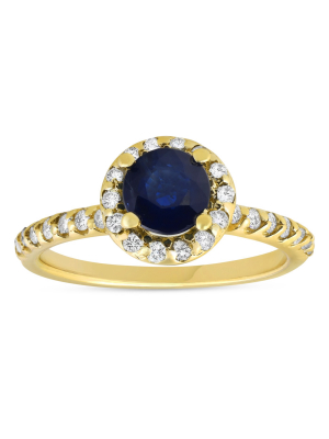 Pompeii3 1ct Blue Sapphire & Diamond Halo Engagement Ring 14k Yellow Gold