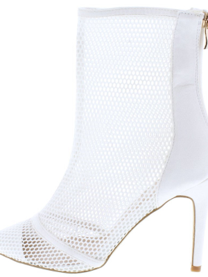 Jules45 White Pointed Toe Mesh Stiletto Boot