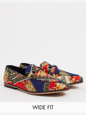 Asos Design Wide Fit Loafers In Red With Baroque Print