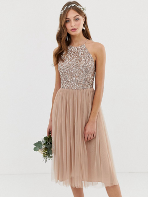 Maya Bridesmaid Halter Neck Midi Tulle Dress With Tonal Delicate Sequins In Taupe Blush
