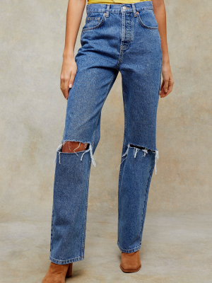 Mid Blue Ripped 90s Straight Jeans