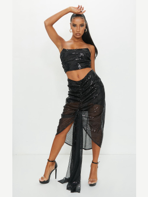 Black Sequin Woven Ruched Side Panel Midi Skirt