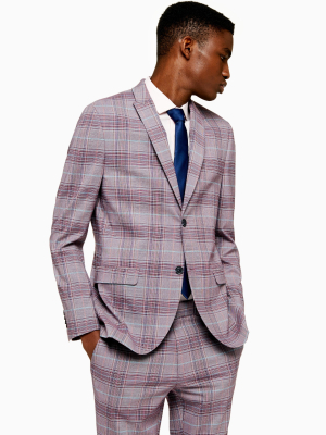 Red Check Skinny Fit Single Breasted Suit Blazer With Peak Lapels