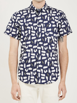 Short Sleeve Easy Shirt Cat Sketches Navy