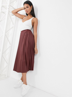 Asos Design Leather Look Pleated Midi Skirt In Burgundy