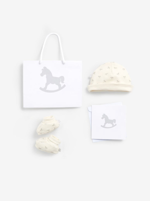 Luxury Bag, Card, Hat And Booties Set Cream