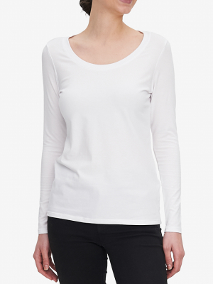 Long Sleeve Scoop Neck T-shirt White Stretch Jersey