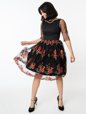 Magnolia Place Black Mesh & Red Embroidered Florals Sleeved Audrey Swing Dress