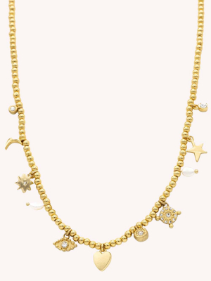 Celestial, Hearts, & Crystal Charm Beaded Necklace