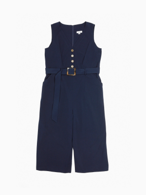 Plus Size Button-front Belted Jumpsuit