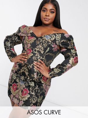 Asos Design Curve Off-shoulder Pleated Puff Sleeve A-line Mini Dress In Floral Jacquard