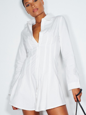 White Pleated Corset Detail Skater Shirt Dress