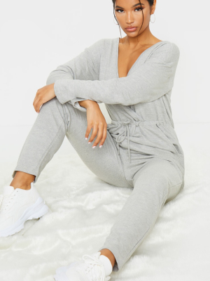 Grey Wrap Over Long Sleeve Sweat Jumpsuit