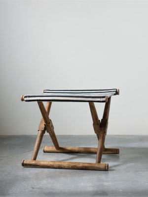 Mango Wood & Cotton Woven Striped Folding Stool In Black