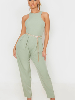 Sage Green Racer Back Pocket Detail Jumpsuit