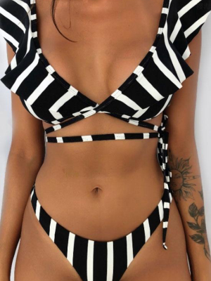 Striped Brazilian Cut Ruffle Tie String Bikini Swimsuit - Two Piece Set