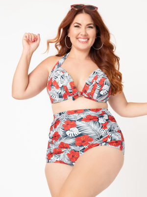 Unique Vintage Plus Size Tropical Print & Red Hibiscus Monroe Halter Swim Top