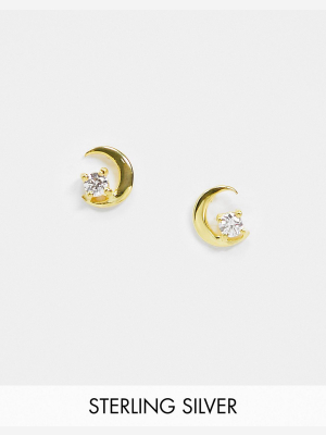 Asos Design Sterling Silver With Gold Plate Stud Earrings In Crystal Moon Design