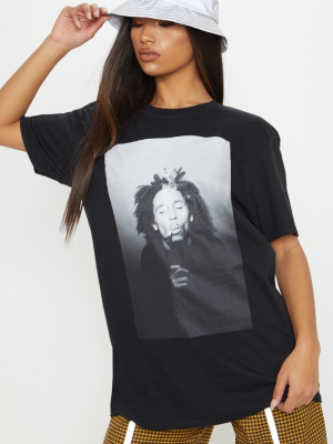 Bob Marley Black Printed Oversized T Shirt