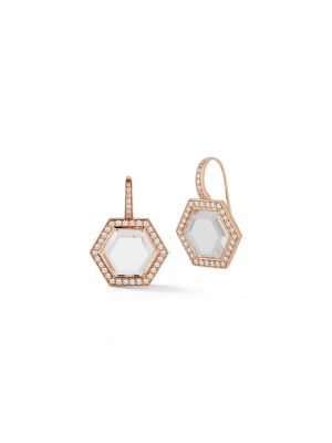 Bell 18k Rose Gold, Diamond, And Rock Crystal Hexagon Drop Earrings