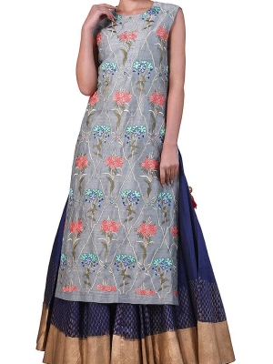 High-slirt Embroidered Kurta & Block Printed Skirt