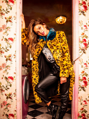 Yellow Cheetah Calf Length Faux Fur Coat | Women's