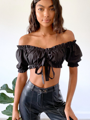 Black Ruched Tie Off Shoulder Crop Top