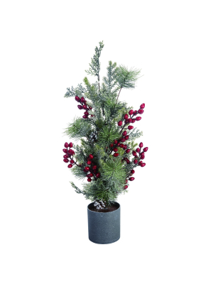 Transpac Artificial 24 In. Green Christmas Holly With Pinecone Tree