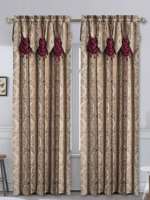 Kate Aurora Red, Burgundy & Taupe Complete Window In A Bag Damask Window Curtain Set