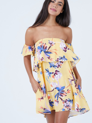 Malibu Off Shoulder Mini Dress - Sunset Jungle Print