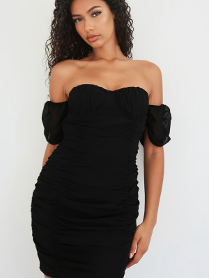 Black Chiffon Ruched Cup Detail Bodycon Dress