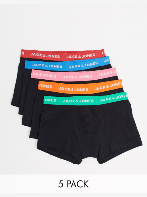 Jack & Jones 5 Pack Trunks With Bright Waistbands In Black