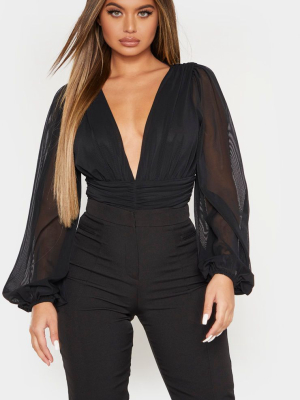 Black Mesh Ruched Waistband Bodysuit