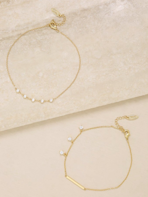 Dainty 18k Gold Plated Chain & Crystal Anklet Set Of 2