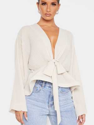 Nude Chiffon Pleated Flounced Hem Blouse