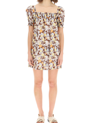 Tory Burch Floral Printed Smocked Mini Dress