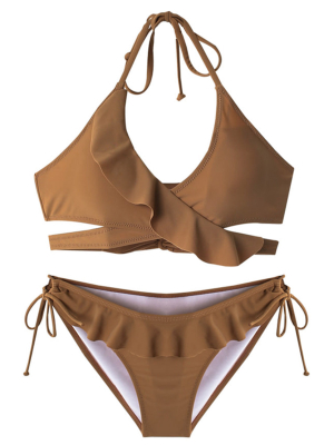 'yannie' Khaki Ruffle Wrap Bikini