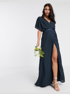 Asos Design Bridesmaid Short Sleeved Cowl Front Maxi Dress With Button Back Detail