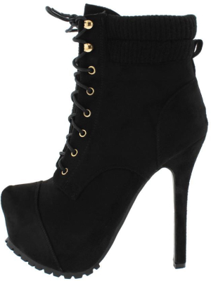 Britney18 Black Lace Up Sweater Ankle Lug Platform Heel Ankle Boot