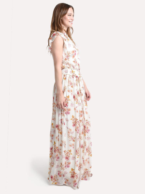 Ml Monique Lhuillier Short Sleeve Printed Maxi Dress