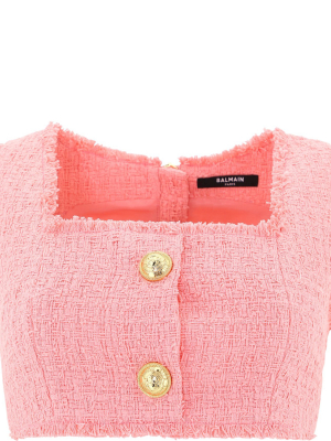 Balmain Button Detail Tweed Crop Top