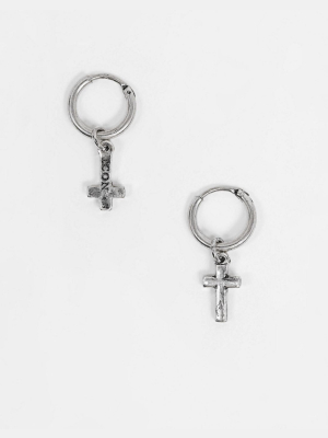 Icon Brand Hoop Earrings With Cross Charms In Silver