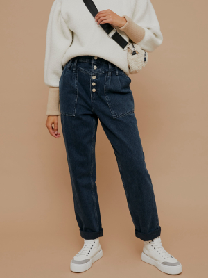 Blue Black Button Fly Mom Tapered Jeans