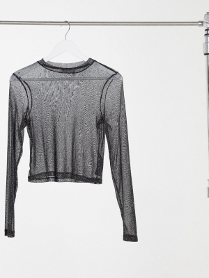 Asos Design Glitter Mesh Long Sleeve T-shirt In Black
