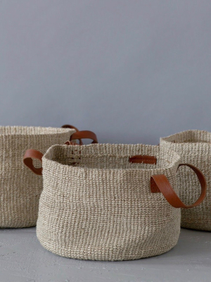 Woven Basket With Leather Handle
